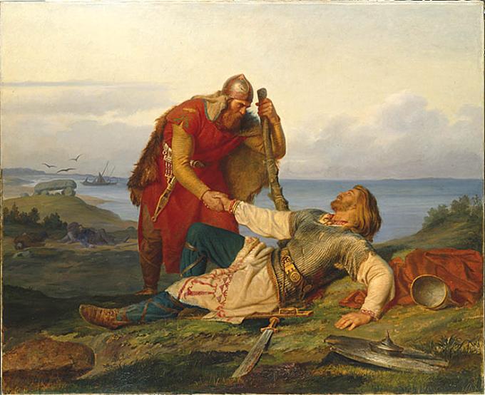 The Norwegian warrior Örvar-Oddr bids a last farewell to his blood brother, the Swedish warrior Hjalmar, by Mårten Eskil Winge (1866)